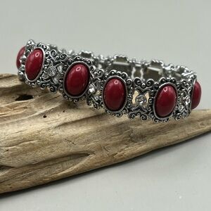 Elegant Silver and Red Women's Stretchy Bracelet